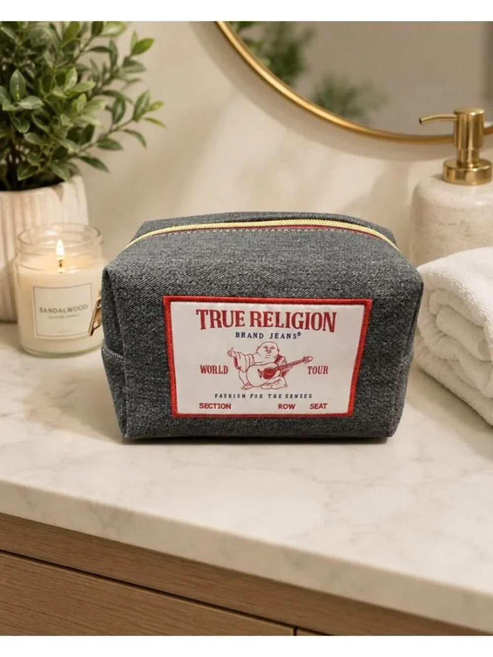 New TRUE RELIGION Brand Jeans Denim Makeup Buddha Logo Cosmetic Bag NWT